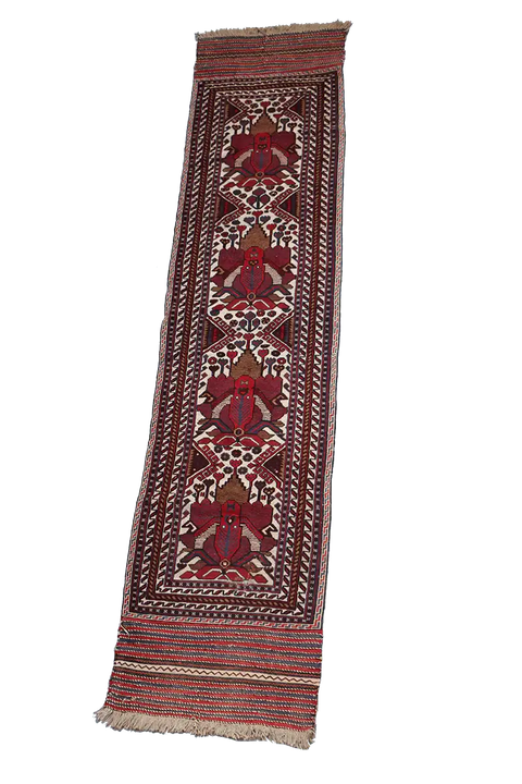 352x80 cm Afghan Mushwani Kilim Runner Wool Rug Handmade Maroon Pink - Rugoutlet