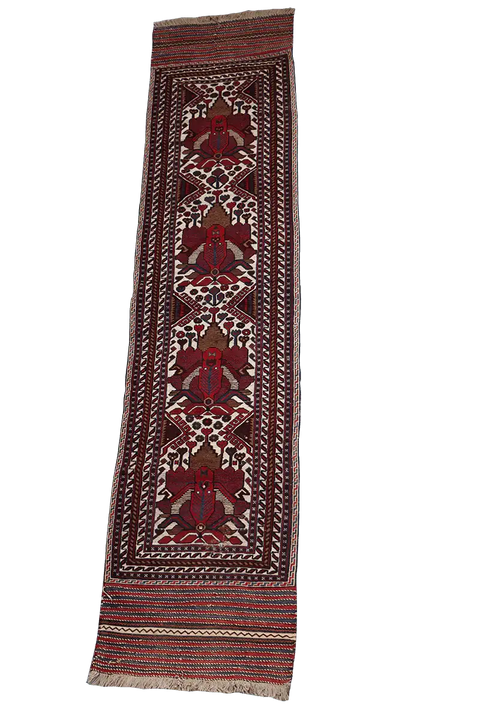352x80 cm Afghan Mushwani Kilim Runner Wool Rug Handmade Maroon Pink - Rugoutlet