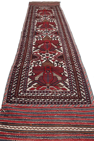 352x80 cm Afghan Mushwani Kilim Runner Wool Rug Handmade Maroon Pink - Rugoutlet