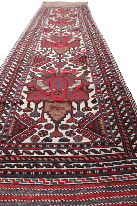 352x80 cm Afghan Mushwani Kilim Runner Wool Rug Handmade Maroon Pink - Rugoutlet
