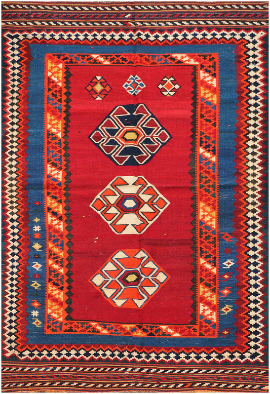 252x153 cm Antique Qashqai Kilim Tribal Wool Rug Handmade Red