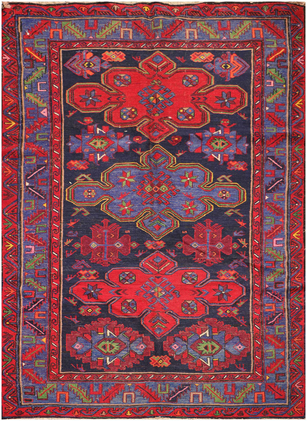 266x154cm Antique Turkish Kilim Sumak Wool Rug Handmade Blue Red - Rugoutlet