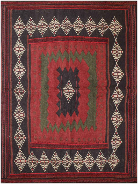 146x128 cm Kilim Sufra Qashqai Tribal Wool Rug Handmade Red Brown - Rugoutlet