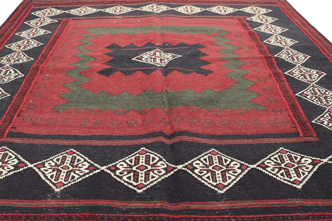 146x128 cm Kilim Sufra Qashqai Tribal Wool Rug Handmade Red Brown - Rugoutlet