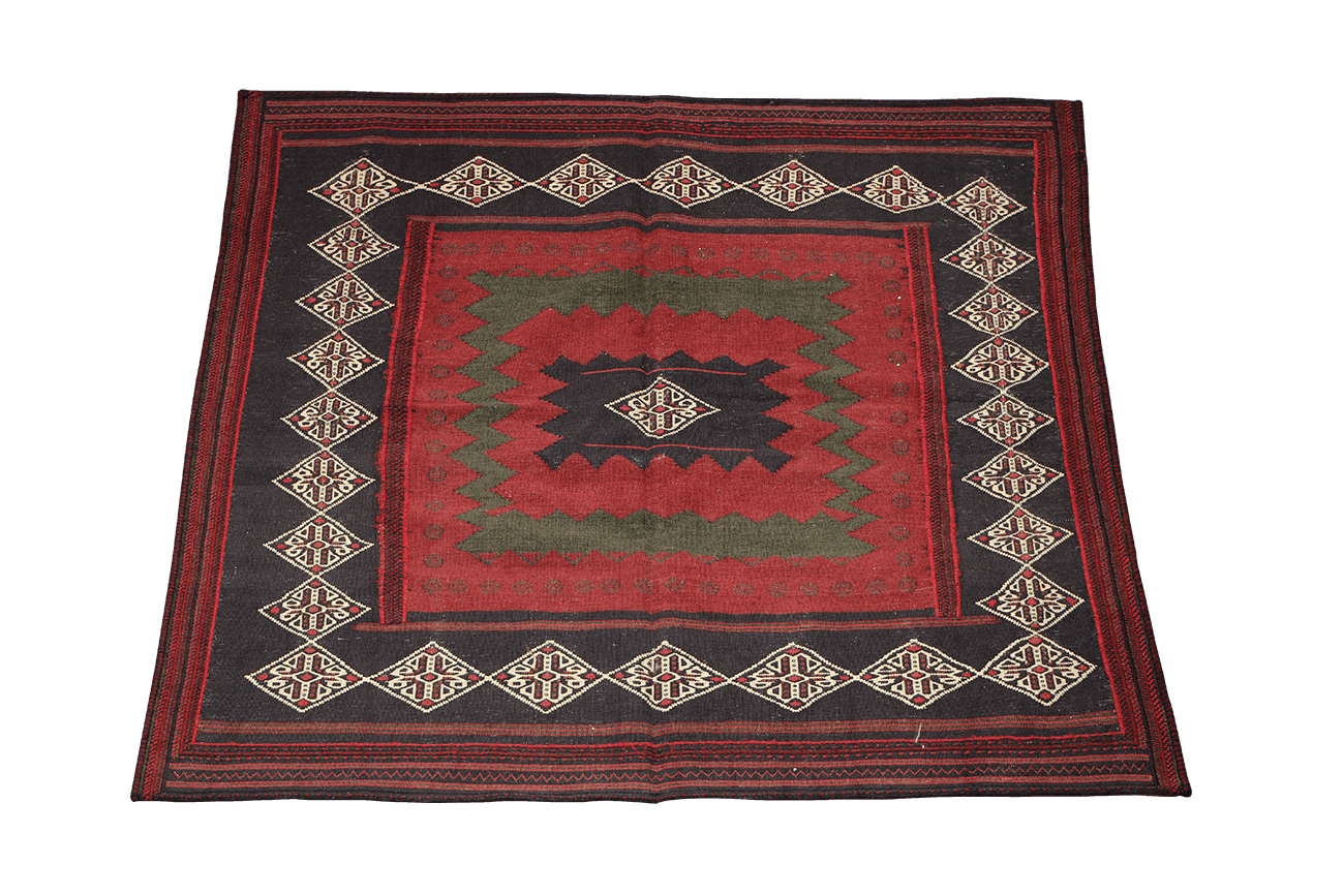 146x128 cm Kilim Sufra Qashqai Tribal Wool Rug Handmade Red Brown - Rugoutlet