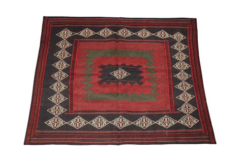 146x128 cm Kilim Sufra Qashqai Tribal Wool Rug Handmade Red Brown - Rugoutlet