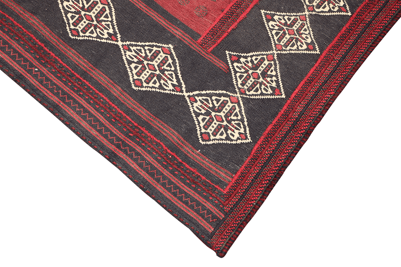 146x128 cm Kilim Sufra Qashqai Tribal Wool Rug Handmade Red Brown - Rugoutlet