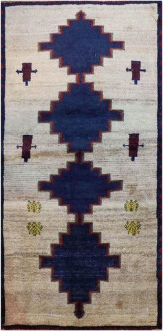 153 x 72 cm Gabbeh Tribal Wool Rugs Handmade Beige Blue - Rugoutlet