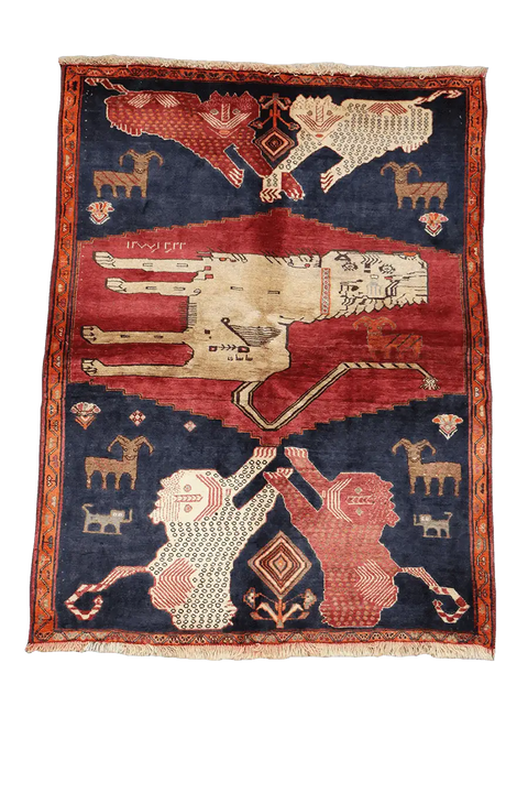 178 x 130 cm Gabbeh Lion Tribal Wool Rugs Hand Knotted Red Blue Colour - Rugoutlet