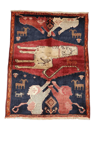 178 x 130 cm Gabbeh Lion Tribal Wool Rugs Hand Knotted Red Blue Colour - Rugoutlet