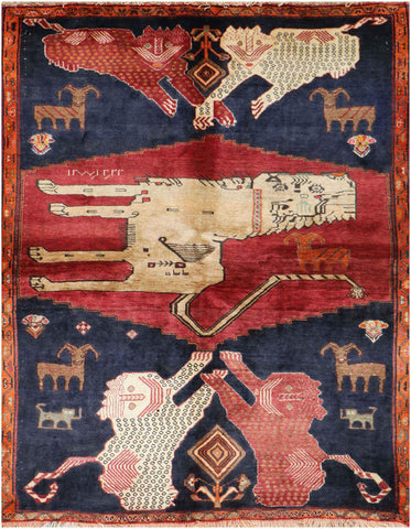 Gabbeh Lion Tribal Wool Rugs Hand Knotted Red Blue Colour - Rugoutlet