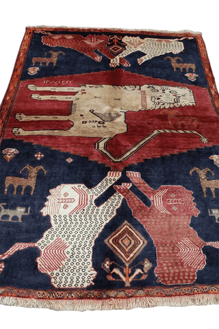 178 x 130 cm Gabbeh Lion Tribal Wool Rugs Hand Knotted Red Blue Colour - Rugoutlet