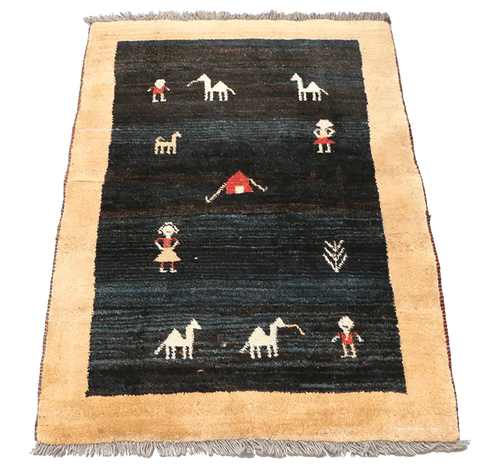 138x105 cm Black/Navy blue and Yellow Persian Gabbeh Qashqai Tribal rug - Rugoutlet