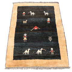 138x105 cm Black/Navy blue and Yellow Persian Gabbeh Qashqai Tribal rug - Rugoutlet