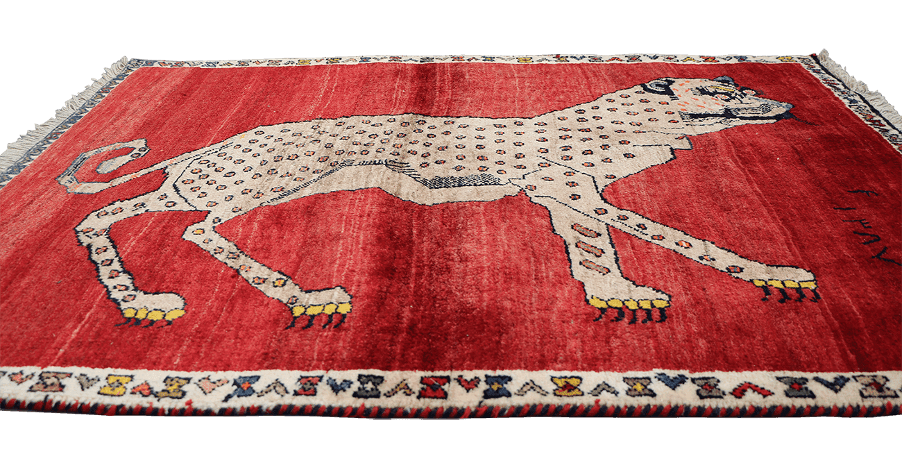 146 x 103 cm Persian Qashqai Tribal Wool Lion Rug Handmade Red - Rugoutlet