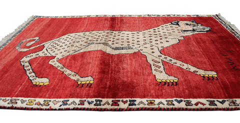 146 x 103 cm Persian Qashqai Tribal Wool Lion Rug Handmade Red - Rugoutlet