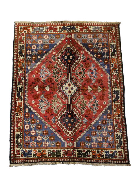 193 x 145 cm Persian Qashqai Tribal Wool Rug Hand Knotted Red Blue Colour - Rugoutlet