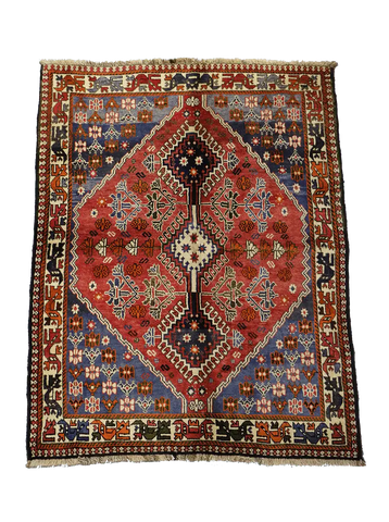 193 x 145 cm Persian Qashqai Tribal Wool Rug Hand Knotted Red Blue Colour - Rugoutlet