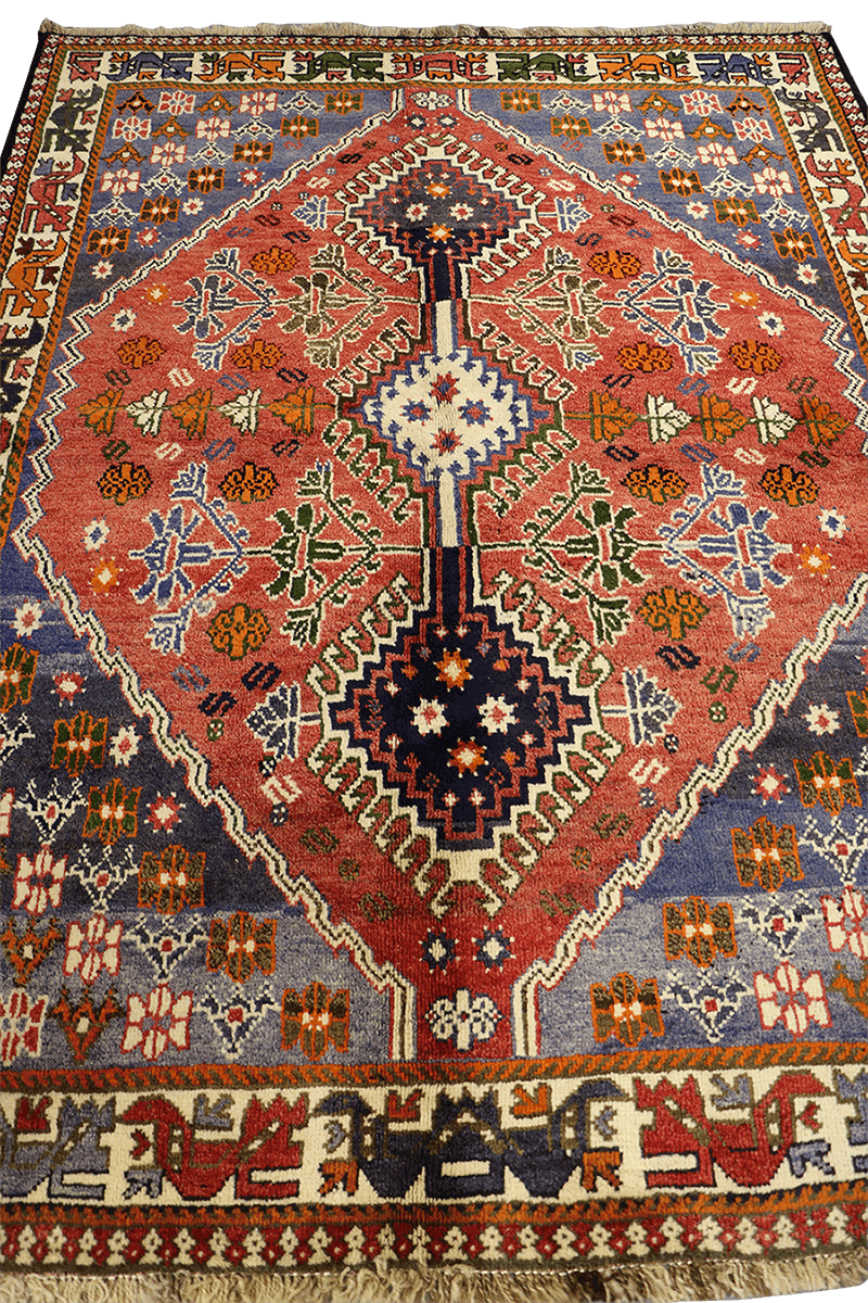 193 x 145 cm Persian Qashqai Tribal Wool Rug Hand Knotted Red Blue Colour - Rugoutlet