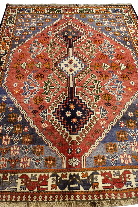 193 x 145 cm Persian Qashqai Tribal Wool Rug Hand Knotted Red Blue Colour - Rugoutlet