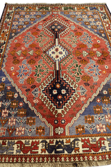 193 x 145 cm Persian Qashqai Tribal Wool Rug Hand Knotted Red Blue Colour - Rugoutlet