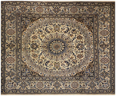 200x200 cm Persian Nain Silk and Wool Rug Blue and ivory - Rugoutlet