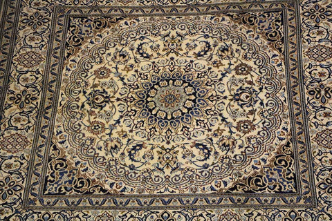 200x200 cm Persian Nain Silk and Wool Rug Blue and ivory - Rugoutlet
