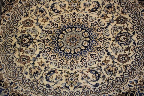 200x200 cm Persian Nain Silk and Wool Rug Blue and ivory - Rugoutlet