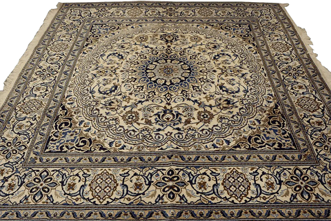 200x200 cm Persian Nain Silk and Wool Rug Blue and ivory - Rugoutlet