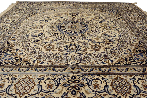 200x200 cm Persian Nain Silk and Wool Rug Blue and ivory - Rugoutlet