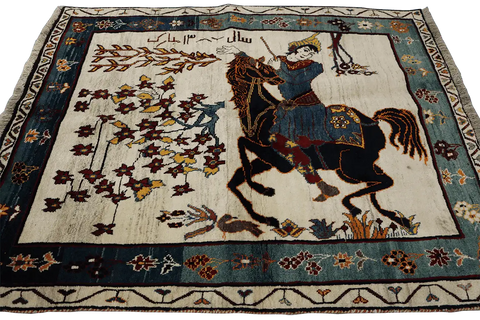 185 x 150 cm Persian Qashqai Tribal Wool Rug Hand-Knotted Beige Colour - Rugoutlet