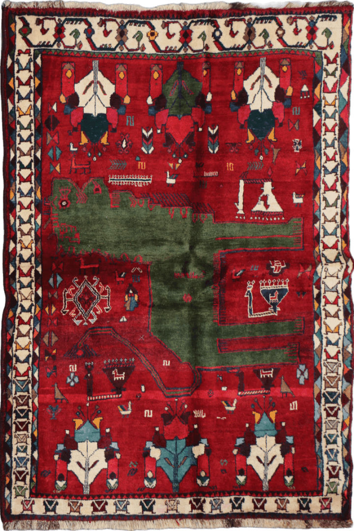 180 x 136 cm Tribal Qashqai Tribal Wool Rugs Hand Knotted Red Colour - Rugoutlet