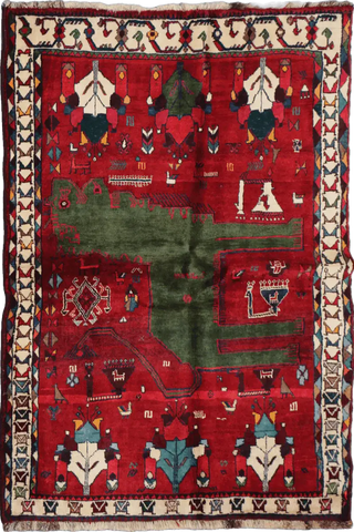 180 x 136 cm Tribal Qashqai Tribal Wool Rugs Hand Knotted Red Colour - Rugoutlet