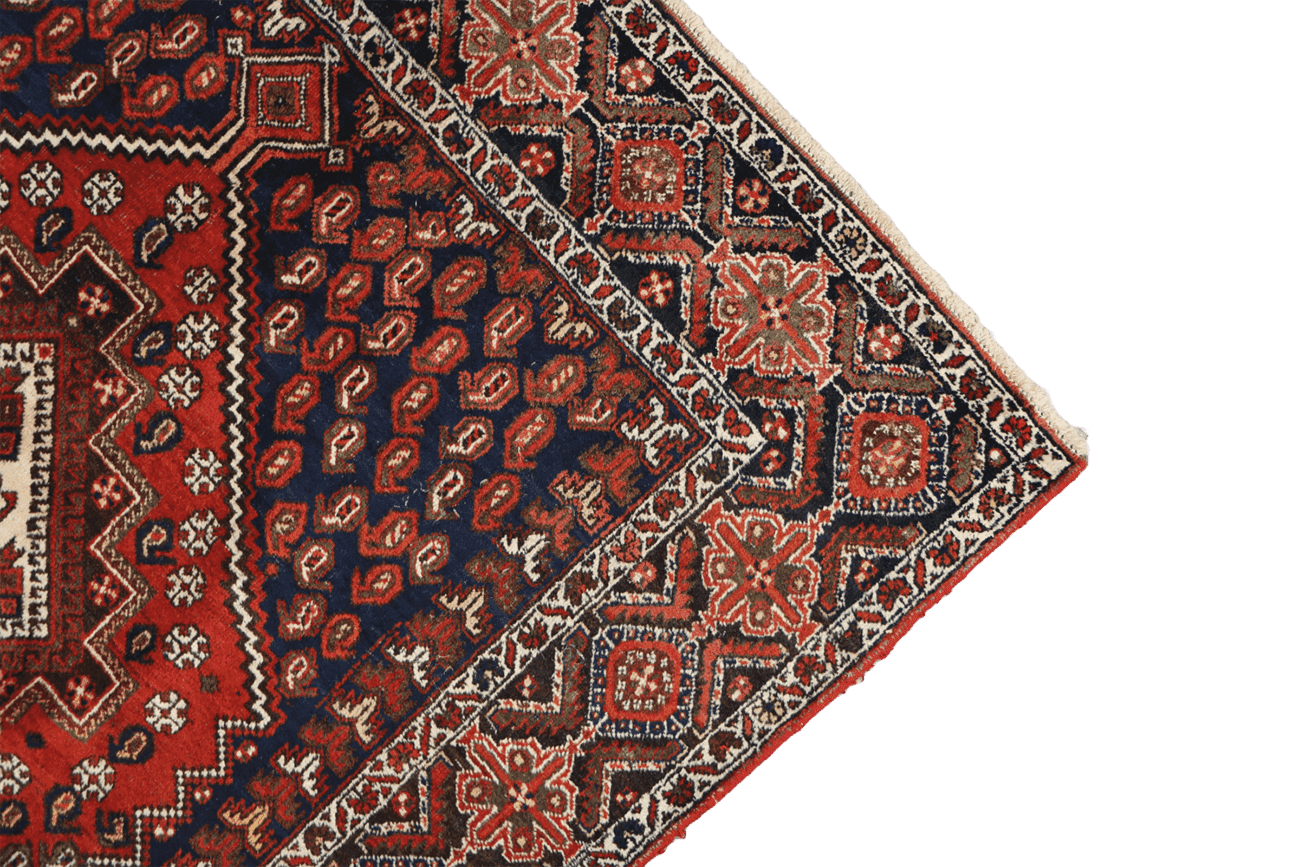 193 x 146 cm Old Persian Shiraz Tribal Wool Hand Knotted Rug Red Blue Colour - Rugoutlet