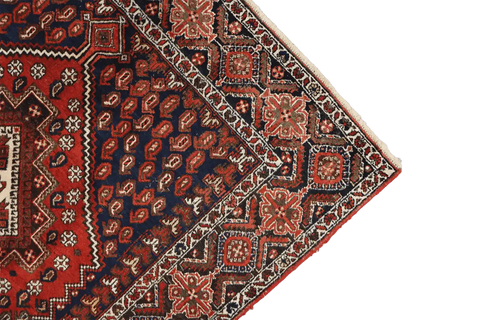 193 x 146 cm Old Persian Shiraz Tribal Wool Hand Knotted Rug Red Blue Colour - Rugoutlet