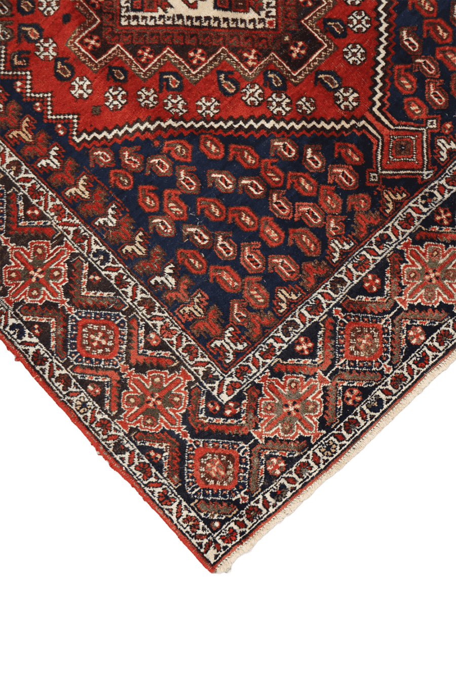 193 x 146 cm Old Persian Shiraz Tribal Wool Hand Knotted Rug Red Blue Colour - Rugoutlet