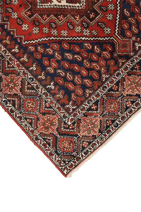 193 x 146 cm Old Persian Shiraz Tribal Wool Hand Knotted Rug Red Blue Colour - Rugoutlet