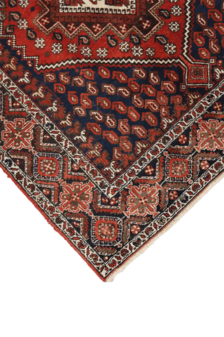 193 x 146 cm Old Persian Shiraz Tribal Wool Hand Knotted Rug Red Blue Colour - Rugoutlet