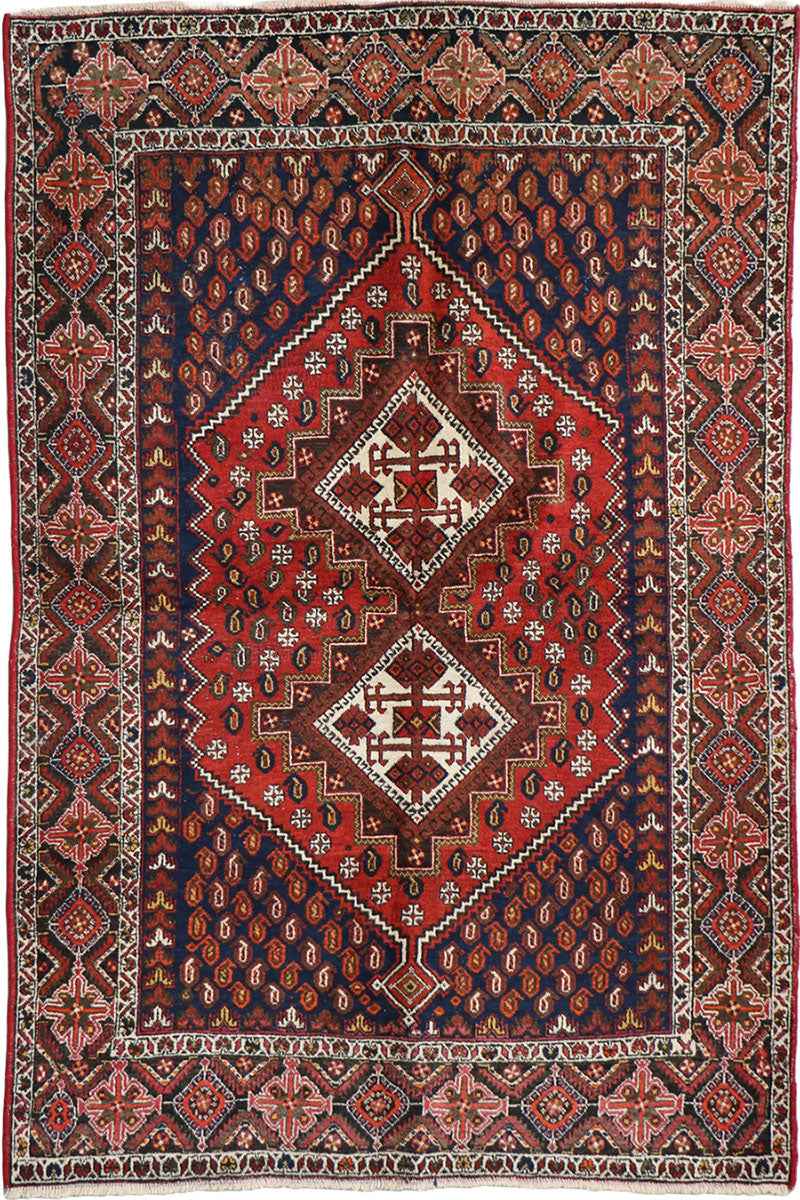 193 x 146 cm Old Persian Shiraz Tribal Wool Hand Knotted Rug Red Blue Colour - Rugoutlet