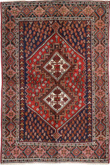 193 x 146 cm Old Persian Shiraz Tribal Wool Hand Knotted Rug Red Blue Colour - Rugoutlet