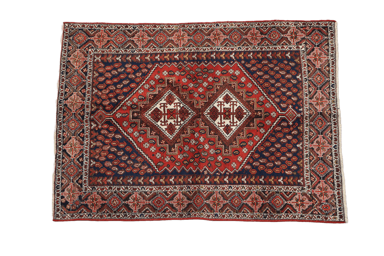 193 x 146 cm Old Persian Shiraz Tribal Wool Hand Knotted Rug Red Blue Colour - Rugoutlet