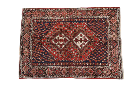 193 x 146 cm Old Persian Shiraz Tribal Wool Hand Knotted Rug Red Blue Colour - Rugoutlet