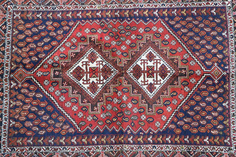 193 x 146 cm Old Persian Shiraz Tribal Wool Hand Knotted Rug Red Blue Colour - Rugoutlet