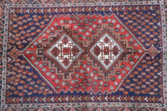 193 x 146 cm Old Persian Shiraz Tribal Wool Hand Knotted Rug Red Blue Colour - Rugoutlet