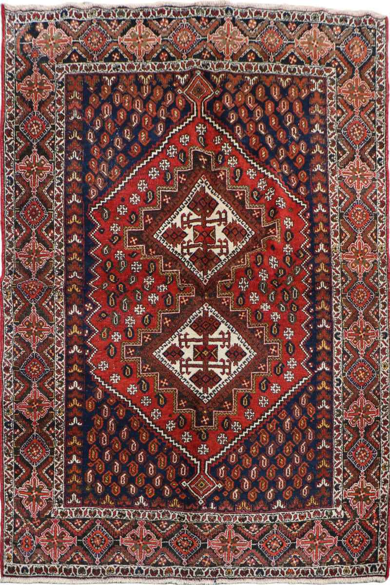 193 x 146 cm Old Persian Shiraz Tribal Wool Hand Knotted Rug Red Blue Colour - Rugoutlet