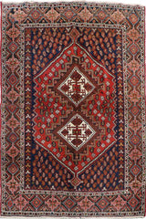 193 x 146 cm Old Persian Shiraz Tribal Wool Hand Knotted Rug Red Blue Colour - Rugoutlet