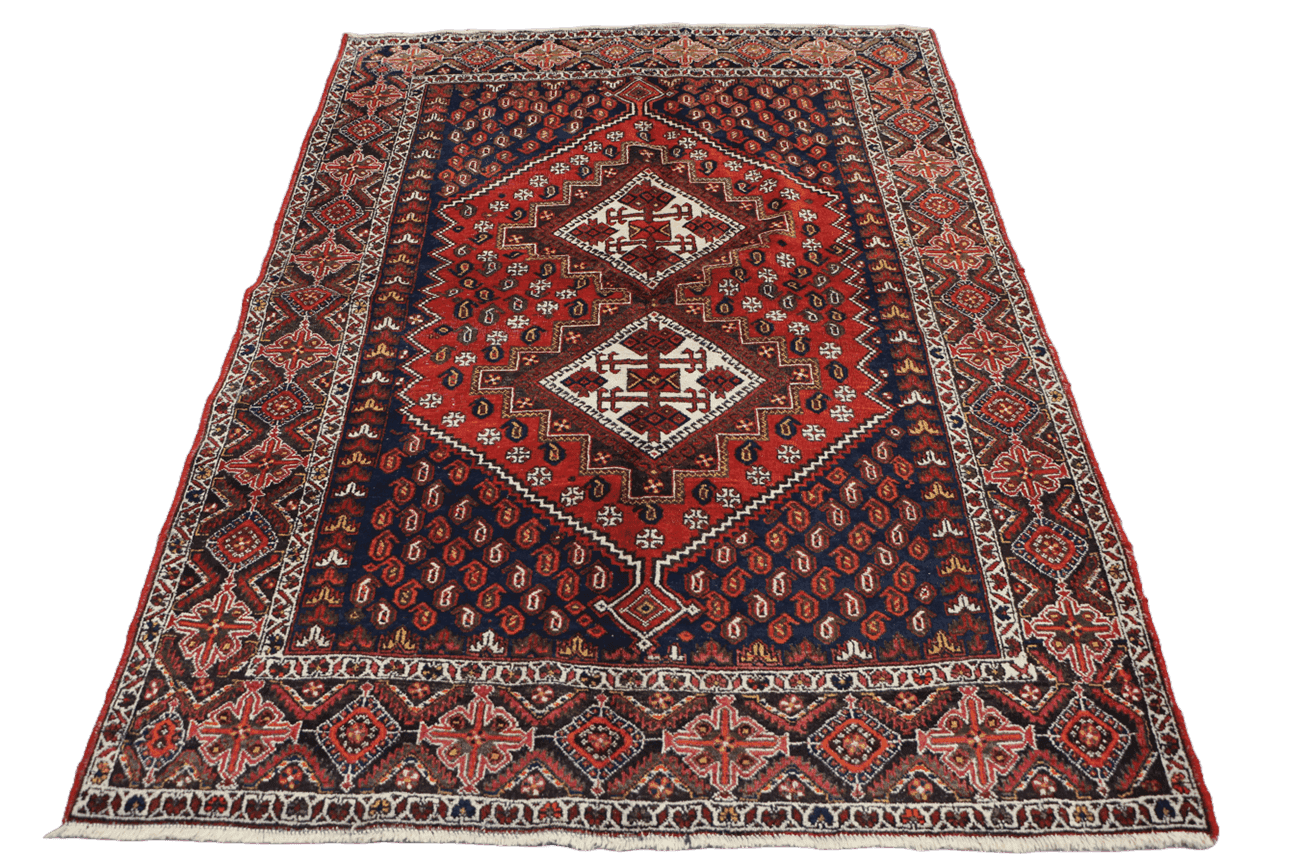 193 x 146 cm Old Persian Shiraz Tribal Wool Hand Knotted Rug Red Blue Colour - Rugoutlet