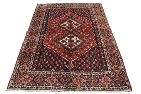 193 x 146 cm Old Persian Shiraz Tribal Wool Hand Knotted Rug Red Blue Colour - Rugoutlet