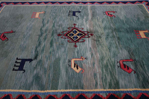 182 x 238 cm Gabbeh Tribal Wool Rug Hand-knotted Green Colour - Rugoutlet