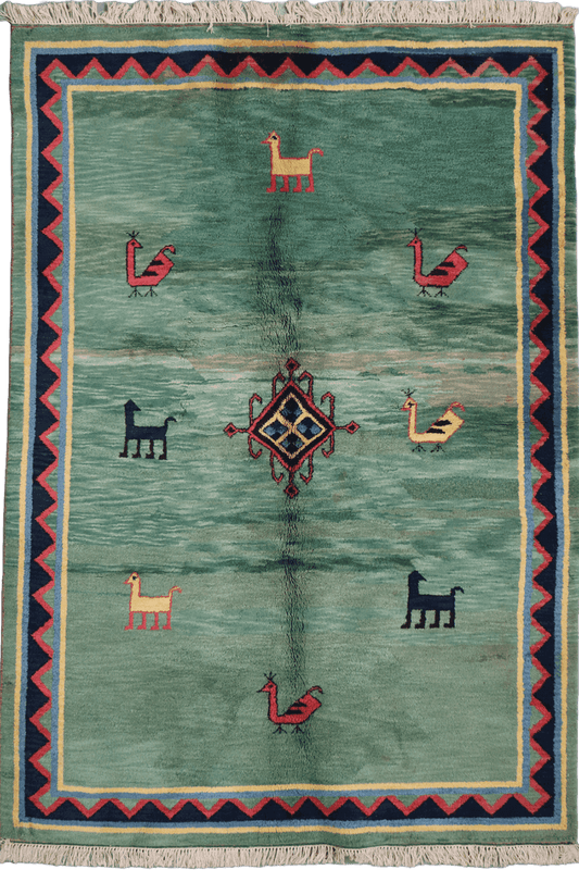 182 x 238 cm Gabbeh Tribal Wool Rug Hand-knotted Green Colour - Rugoutlet